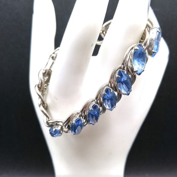 Light Vintage Blue Rhinestone Bracelet, Silver Tone Heavy Chain, 1950s - Picture 2 of 10